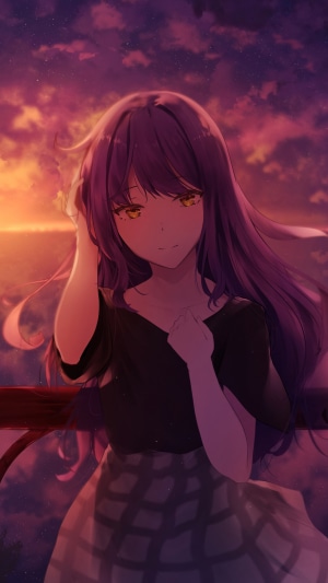 Anime girl with purple hair at sunset
