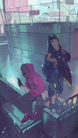 Anime characters on a rooftop in a city