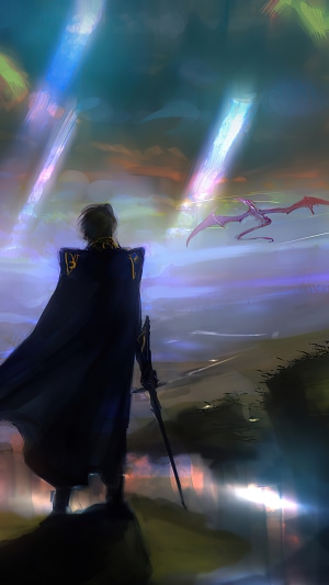 Man in cape with sword facing dragon in sky