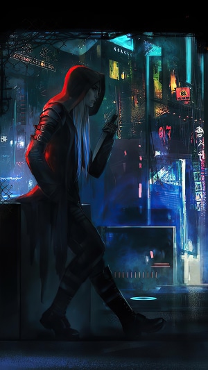 Cyberpunk character with a knife in a neon city