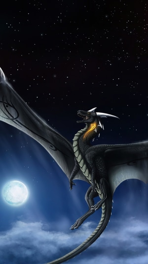 Dragon flying under the moon and stars