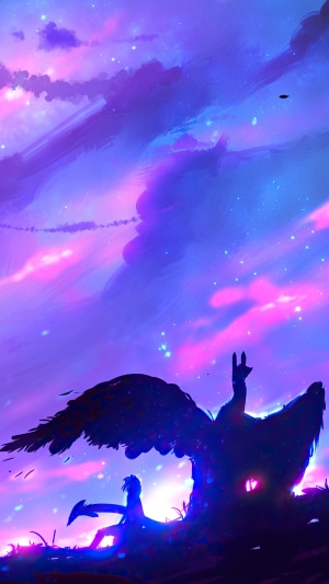 Silhouette of a dragon with a person and a llama against a colorful sky
