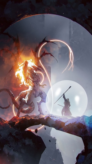 Fantasy creature and warrior on a bridge