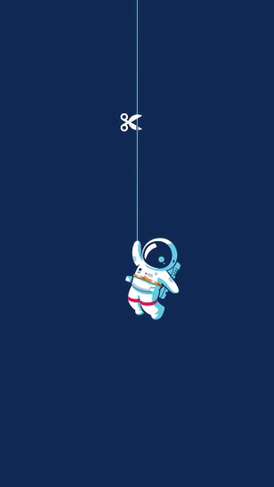 Astronaut hanging from a string being cut by scissors