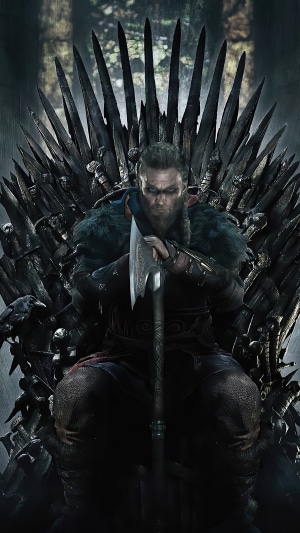 Eivor from Assassin's Creed Valhalla on the Iron Throne