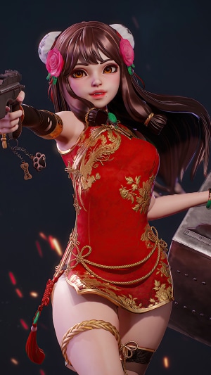 Girl in red dress holding a gun