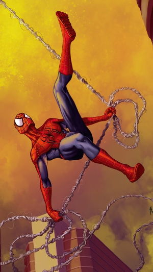 Spider-Man swinging on webs with city buildings below