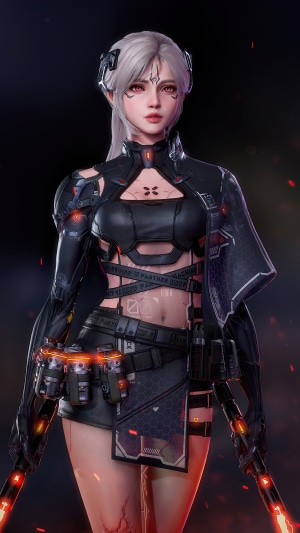 Cyberpunk woman with glowing weapons