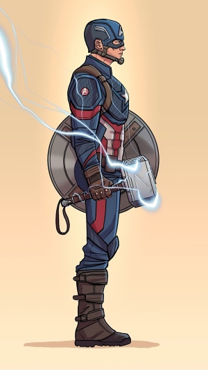 Captain America holding Mjolnir and shield