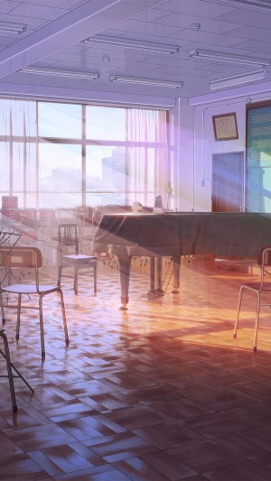 Anime school classroom with piano and chairs