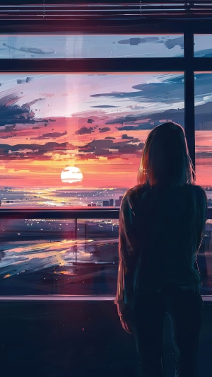 Girl watching sunset over city
