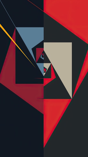 Abstract geometric artwork with red, blue, and beige shapes