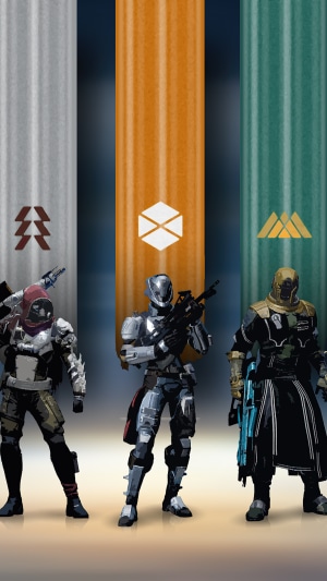Destiny 2 characters standing in front of banners