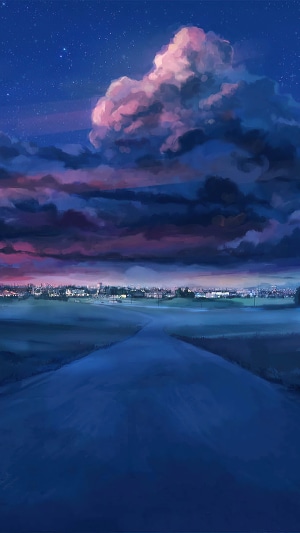 Anime artwork of a road leading to a town at dusk
