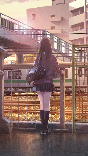 Anime girl at train station during sunset