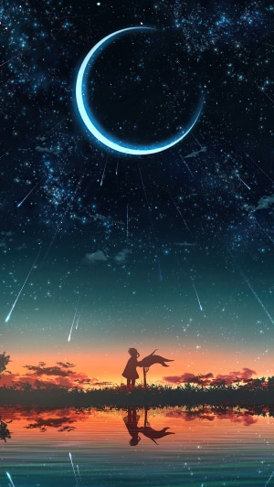 Anime girl with flag under crescent moon and stars