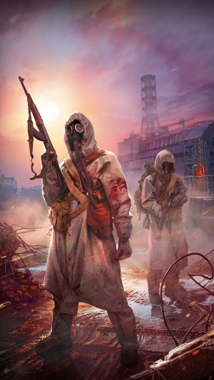 Two figures in hazmat suits with rifles in a post-apocalyptic setting