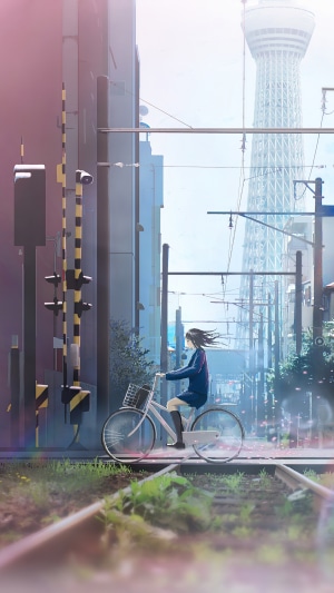 Anime girl riding a bicycle in a city