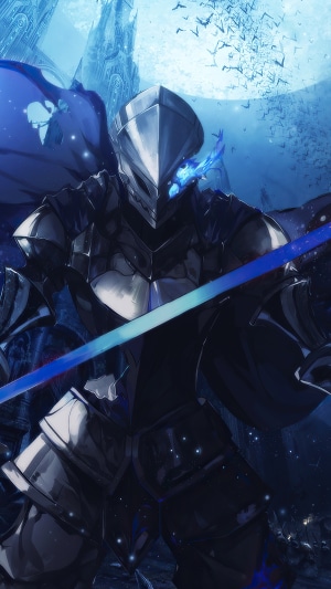 Knight in shining armor with blue flames and sword