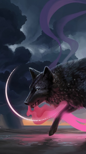 Black wolf with pink and purple smoke