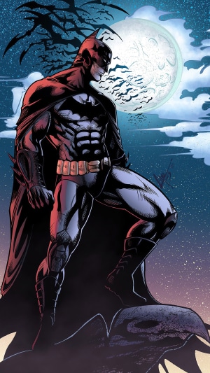 Batman standing on a gargoyle under the moon