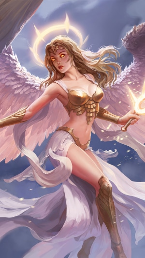 Angel with golden armor and sword