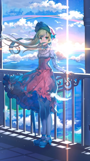Anime girl with blonde hair and blue hat on balcony