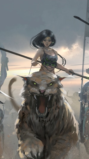 Anime Warrior Girl Riding Roaring Tiger 4K