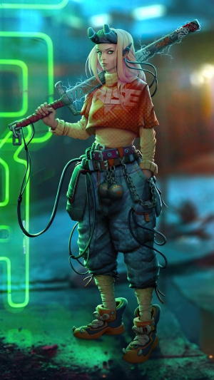 Cyberpunk girl with sword and horns