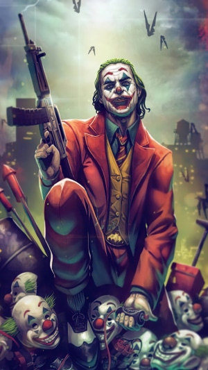 Joker with a rifle surrounded by clown masks
