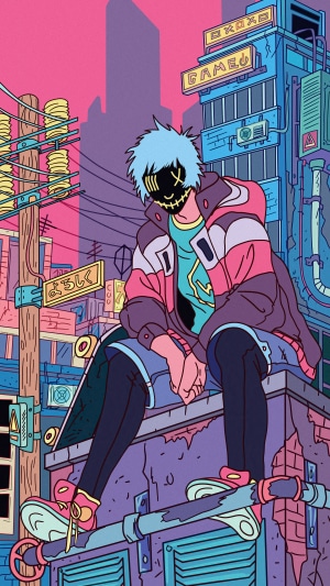 Anime boy with mask and skateboard in city