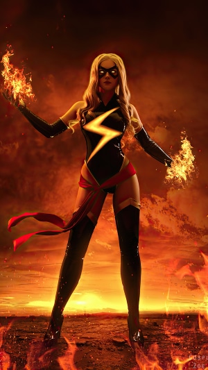 Ms. Marvel cosplay with fire effects