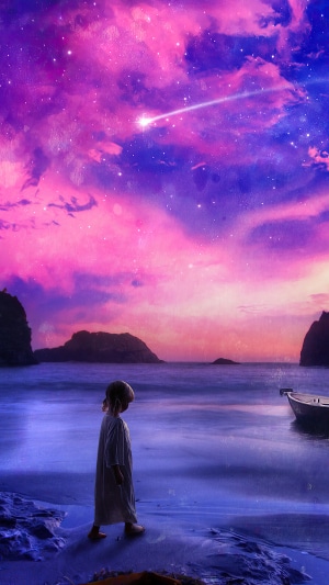 Girl watching a shooting star over the ocean