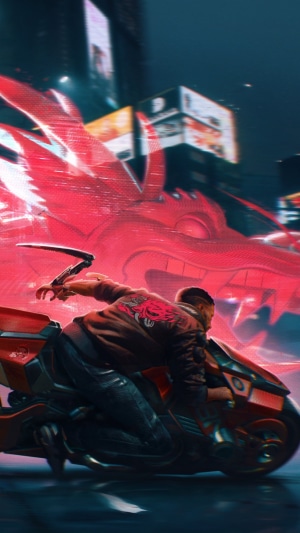 Man on motorcycle with dragon in Cyberpunk 2077 4K