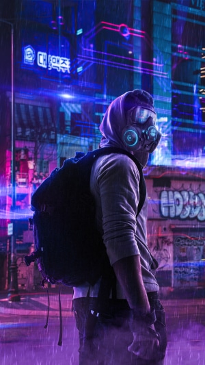 Man in gas mask with backpack in neon city