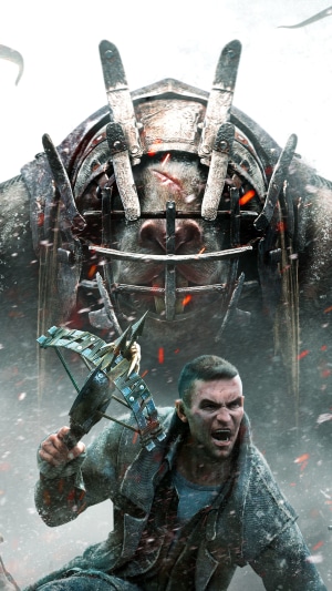 Man with crossbow facing a giant robot in Remnant from the Ashes 4K