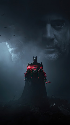 Batman with glowing red eyes and a man's face in the background