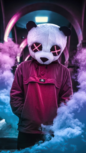 Panda artist with glowing eyes and smoke