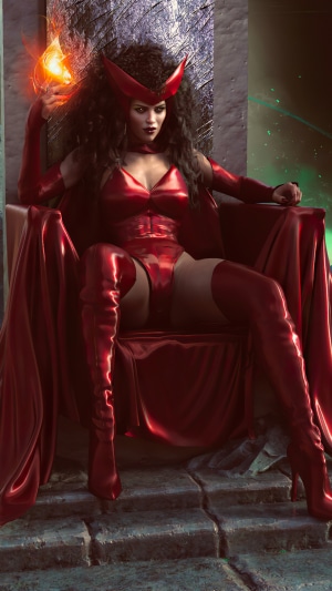 Scarlet Witch from Marvel sitting on a throne