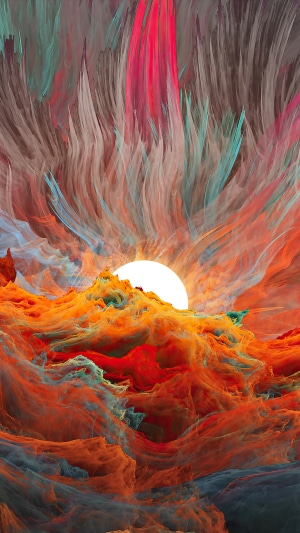 Abstract digital art of a fiery sunset over mountains