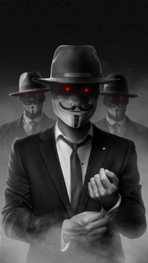 Anonymous figures in suits and masks