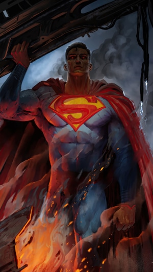 Superman holding a heavy object with red eyes