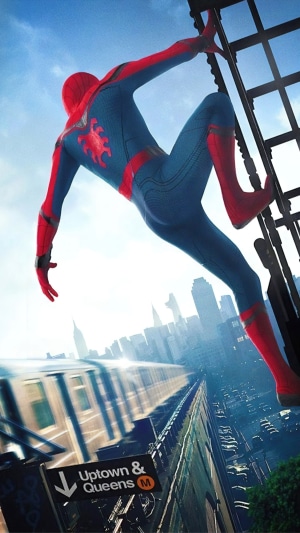 Spider-Man from Spider-Man: Homecoming climbing a ladder
