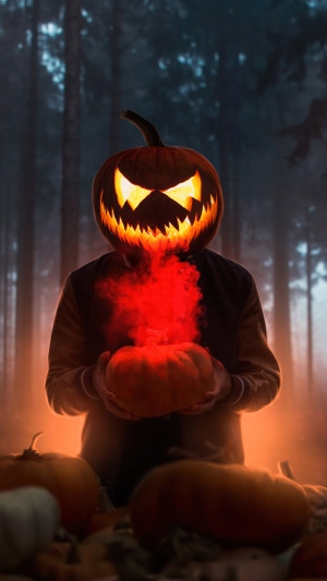 Man with Jack-o'-lantern head in a forest