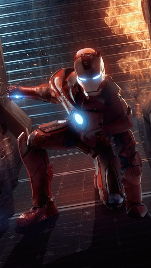 Iron Man in a dark, fiery environment
