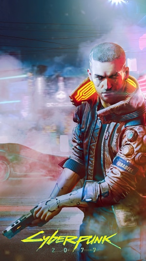 V from Cyberpunk 2077 holding a gun