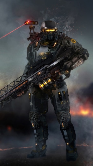 Soldier with futuristic weapon and laser sight