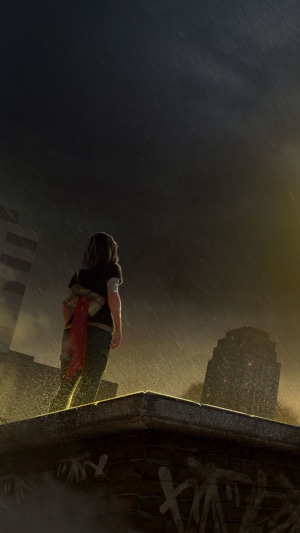 Girl on a rooftop in a ruined city