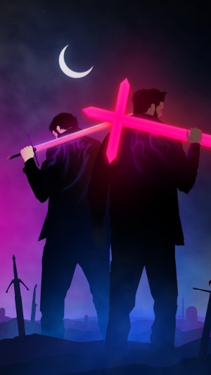 The Weeknd and Post Malone with glowing swords