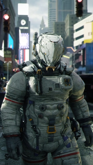 Astronaut in a futuristic suit in a city
